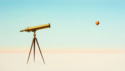 Une longue-vue en laiton posée sur un trépied observe de loin un ballon orange suspendu dans un ciel pastel