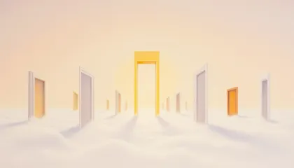 Une allée de portes ouvertes flottant dans les nuages, menant vers un grand portail doré et lumineux