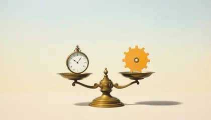 Une balance ancienne en bronze met en équilibre une montre à gousset et un engrenage orange