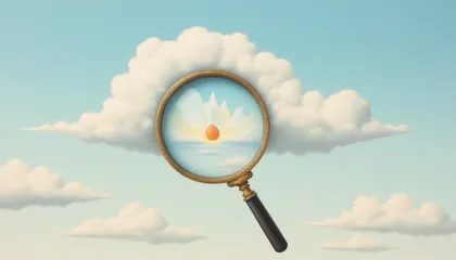 Une loupe suspendue dans le ciel révèle des montagnes et un soleil cachés au cœur des nuages