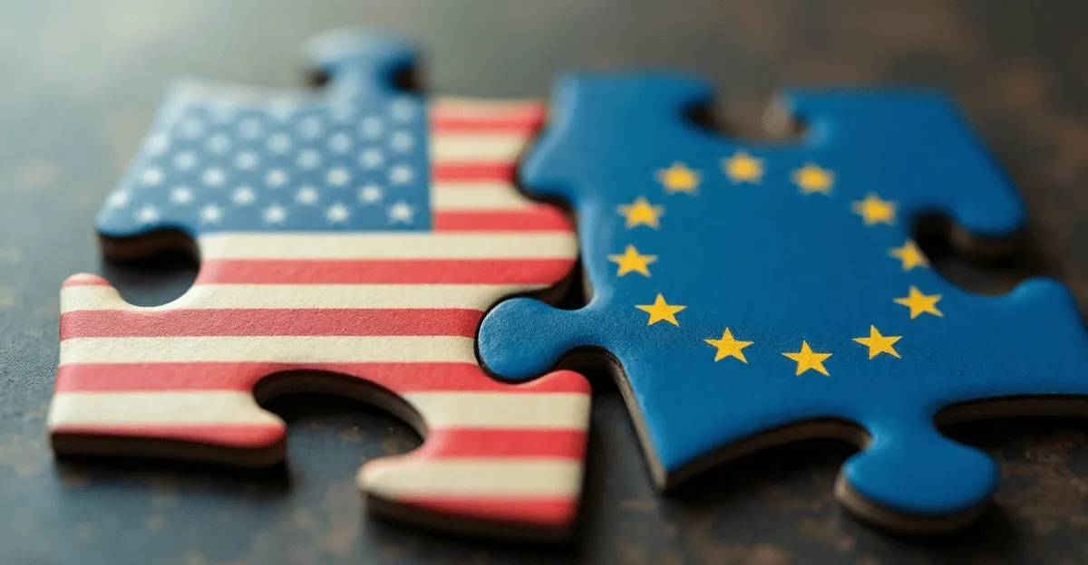 Illustration éditoriale — puzzle UE et États-Unis symbolisant deux doctrines opposées de régulation de l'IA