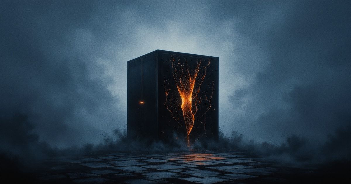 Monolithe noir fissuré dans la nuit, une faille incandescente orange le traverse, métaphore d'une intrusion informatique autonome