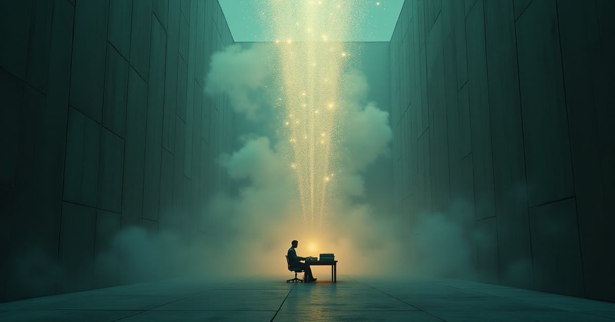 Illustration conceptuelle : un comptable minuscule à son bureau dans un vaste hall brumeux, sous une colonne de données lumineuses, évoquant la question du remplacement des experts-comptables par l'IA.
