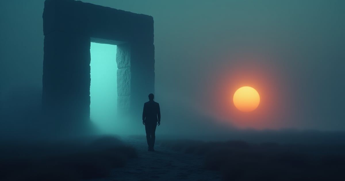 Illustration conceptuelle : une silhouette s'éloigne d'un seuil bleu lumineux et marche vers un soleil orange, évoquant le basculement de la recherche de Google vers les IA comme ChatGPT.
