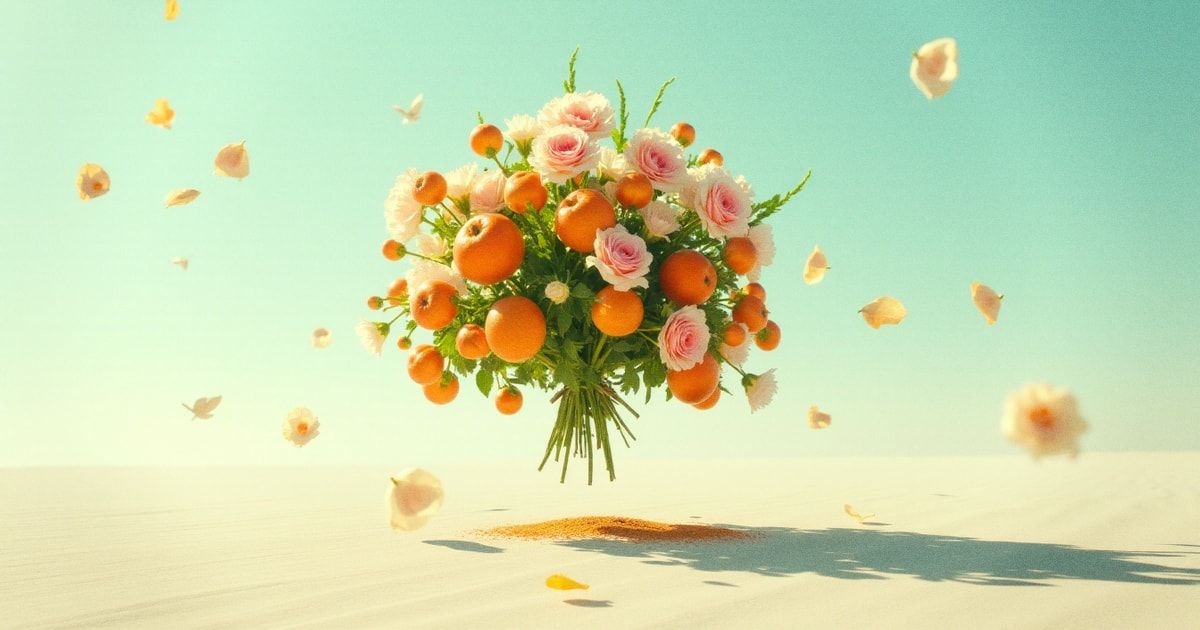 Fleurs et fruits flottant sans racines dans un ciel lumineux : les hallucinations de l’IA, une abondance convaincante surgie du néant.