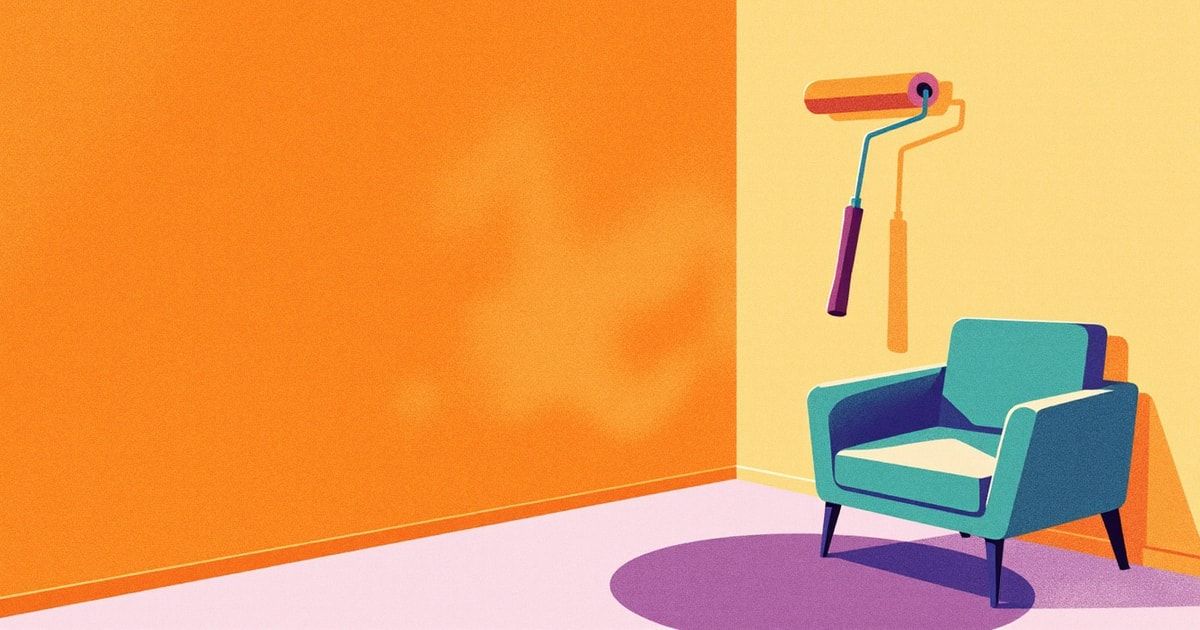 Illustration d'un rouleau de peinture et d'un fauteuil teal sur un mur orange, symbole du home staging virtuel par IA.