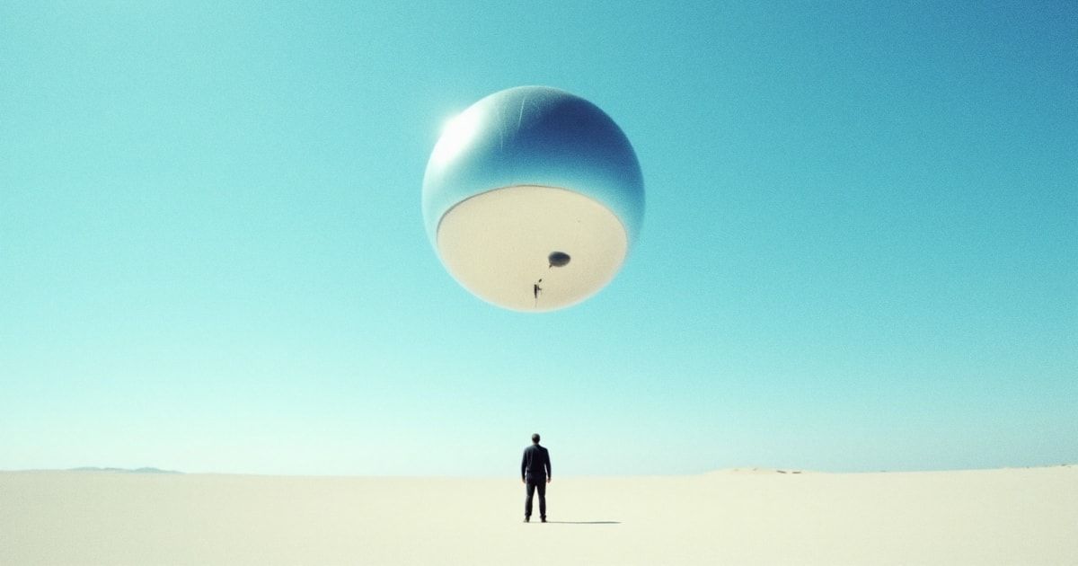 Sphère miroir géante flottant dans un ciel azur au-dessus d’une silhouette : l’IA reflète le travail humain au lieu de le remplacer.