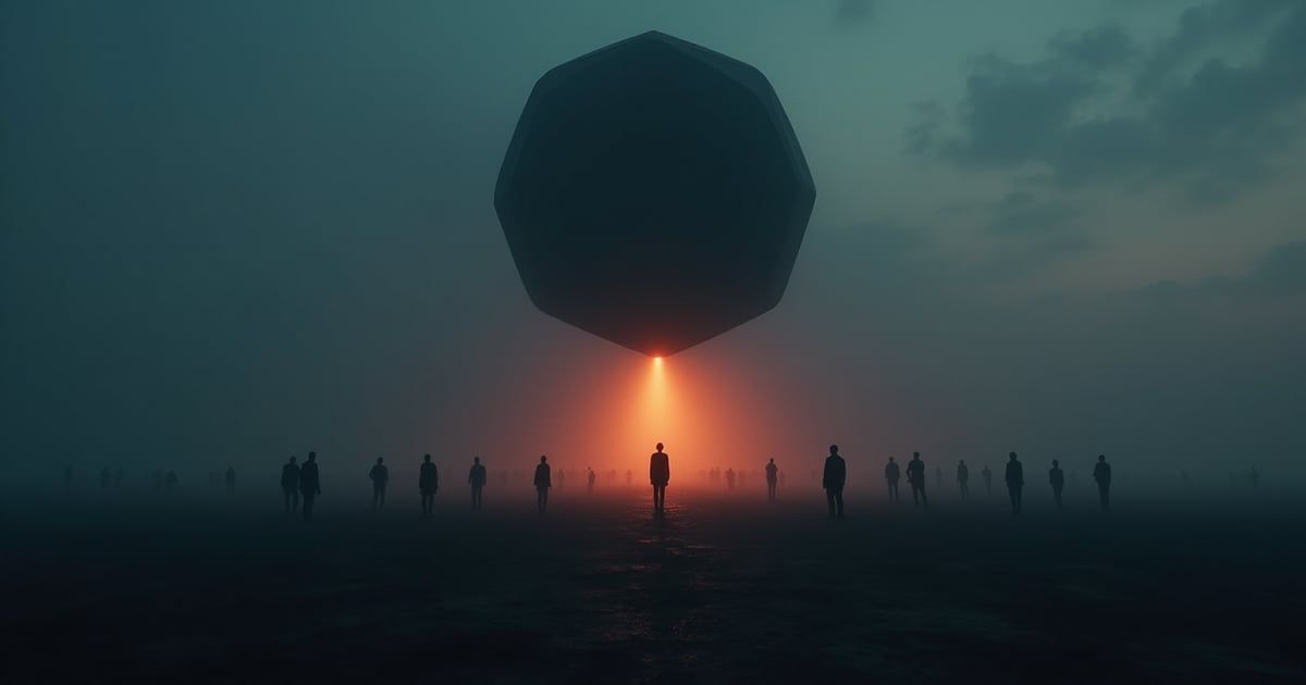Illustration conceptuelle : un orbe sombre projette un faisceau orange sur une silhouette isolée parmi une foule dans l'ombre, évoquant la sélection algorithmique et les biais de l'IA dans le recrutement.
