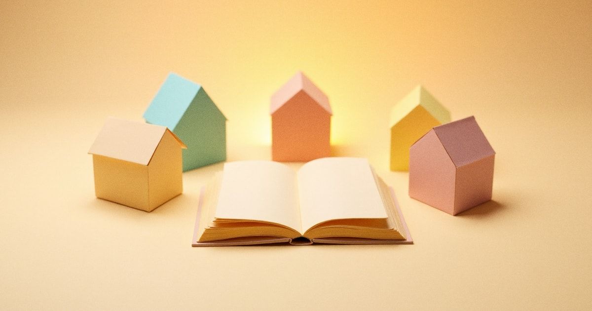 Cercle de petites maisons pastel reunies autour d'un registre comptable lumineux: une association met en commun et tient ses comptes ensemble.
