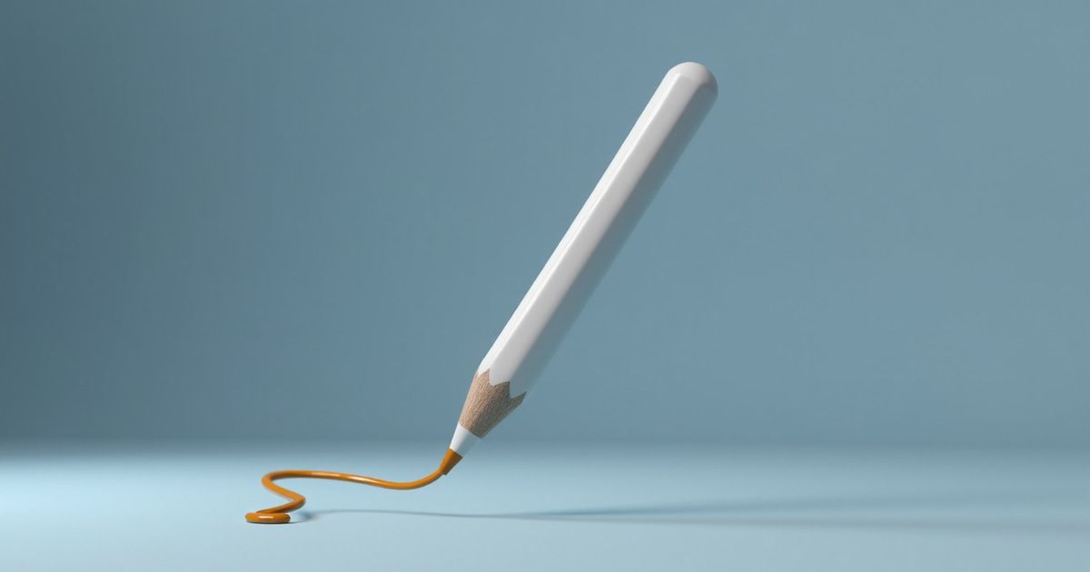 Crayon en céramique blanche incliné traçant seul une ligne d'encre ambrée, sans personne pour le tenir