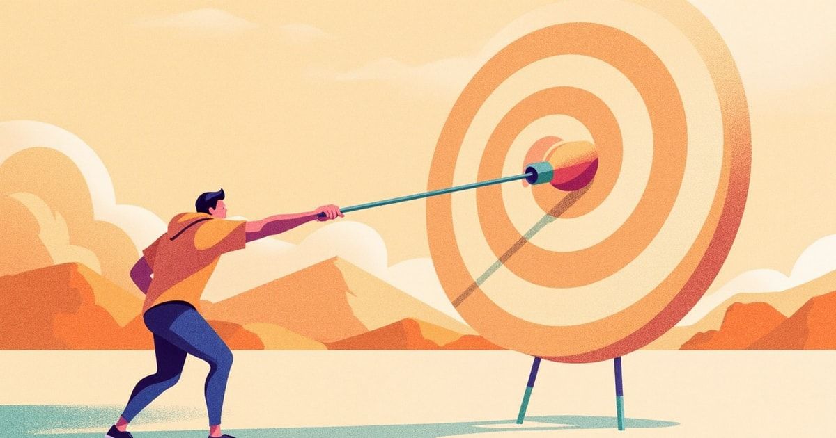Illustration éditoriale : une cible atteinte en plein centre entourée de liens de réseau et d'une bulle de message, métaphore d'une approche LinkedIn ciblée préparée avec l'IA.