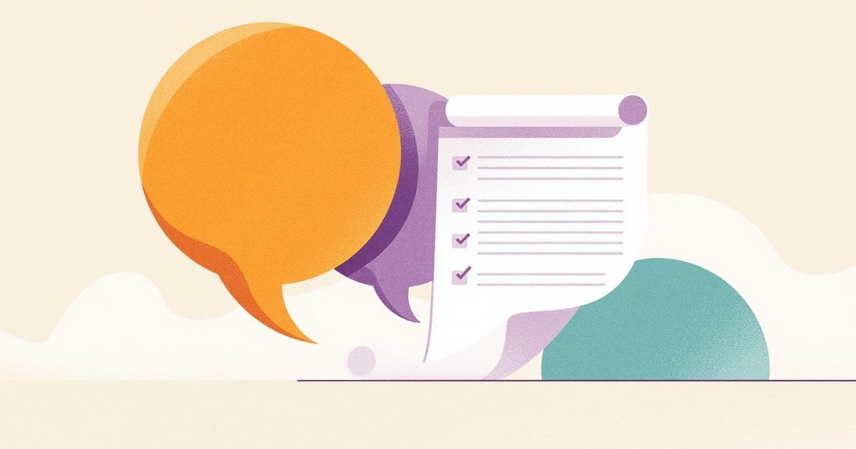 Illustration éditoriale : deux bulles de conversation se transforment en document avec une checklist d'actions cochée, métaphore d'un rendez-vous transformé en compte rendu et plan d'actions avec l'IA.