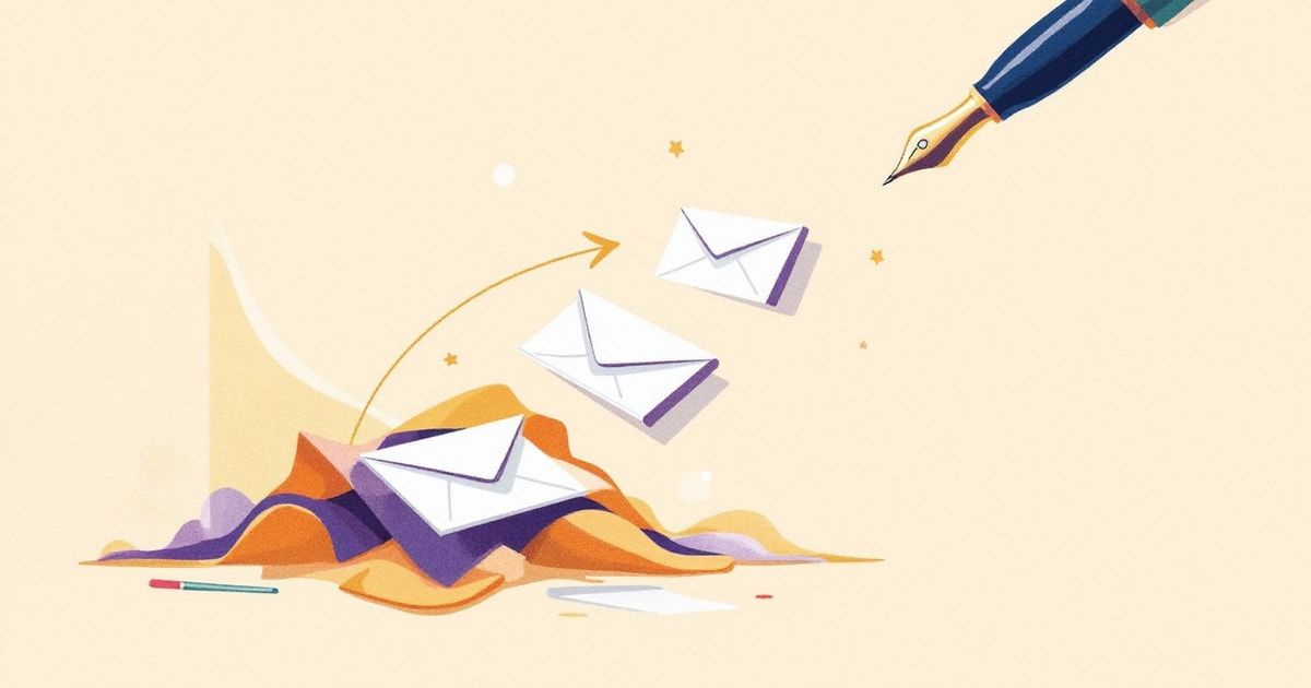 Illustration éditoriale : un stylo-plume transforme une pile de notes en vrac en enveloppes soignées qui s'envolent, métaphore des comptes rendus de mission et mails clients rédigés avec l'IA.