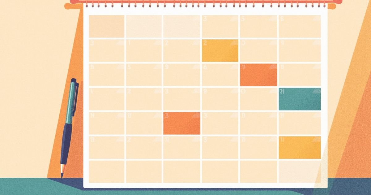 Calendrier mensuel avec blocs de publication orange et teal, planning éditorial IA en 20 minutes