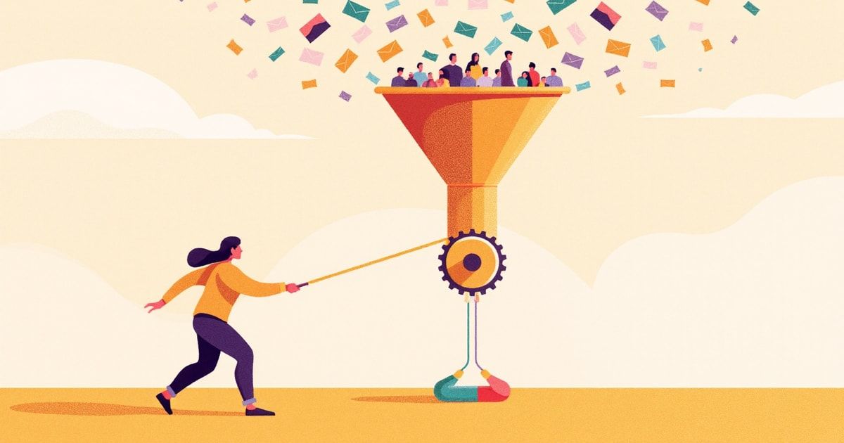 Illustration éditoriale : une personne actionne un entonnoir-machine qui trie une foule de contacts en prospects qualifiés, métaphore d'une prospection IA automatisée de bout en bout.
