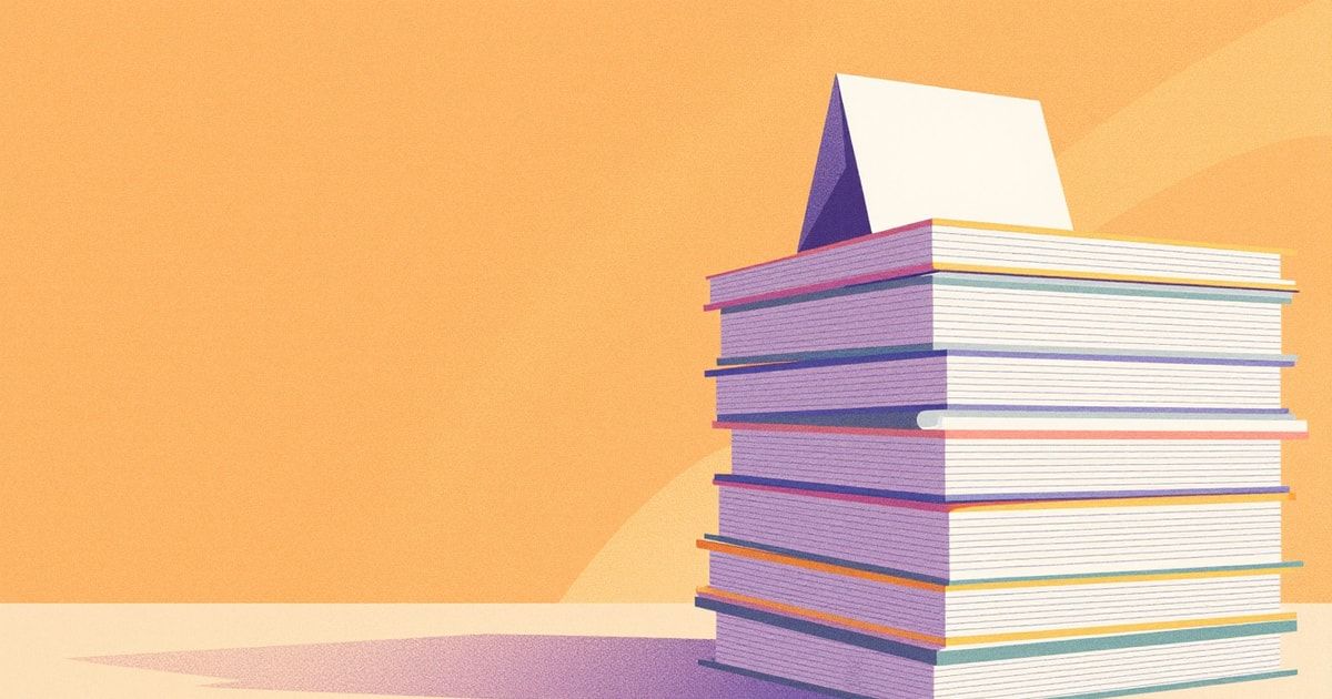 Illustration éditoriale : une grande pile de pages se condensant en une fiche de synthèse unique, métaphore de la rédaction d'une note de synthèse à partir d'un document long avec l'IA.
