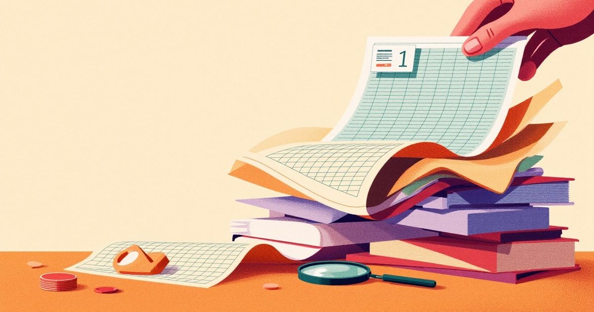 Illustration éditoriale : une main range une grille de tableur sur une pile de registres, avec loupe et pièces — des notes de frais en vrac transformées en tableau ordonné.