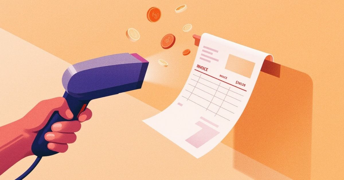 Illustration éditoriale : une douchette scanne une facture fournisseur d'où jaillissent des pièces et des données, métaphore de l'extraction automatique des données d'une facture avec l'IA.