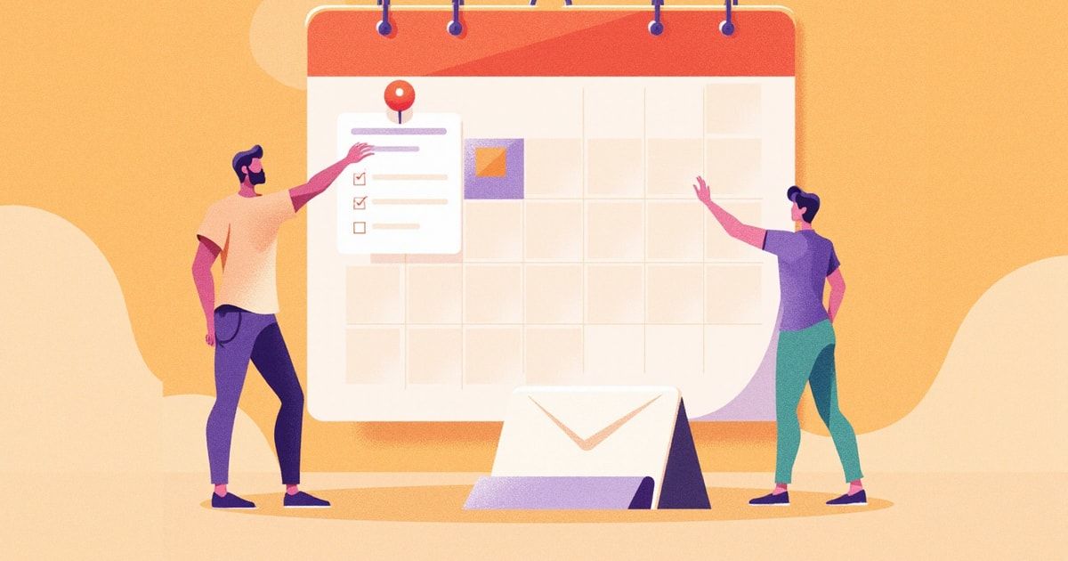 Illustration éditoriale : un calendrier avec une date épinglée, une checklist d'ordre du jour et une enveloppe d'invitation, métaphore de l'organisation d'une réunion avec l'IA.