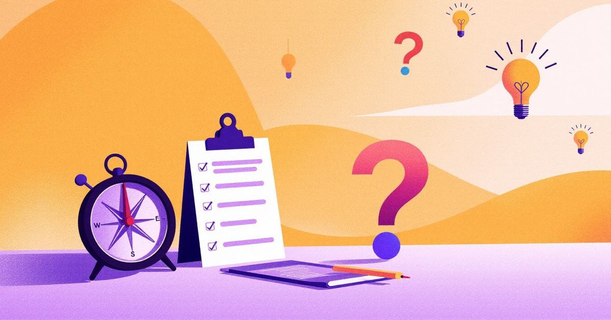 Illustration éditoriale : une boussole, une checklist et des points d'interrogation se changeant en ampoules, métaphore de la préparation d'un rendez-vous de découverte avec l'IA.