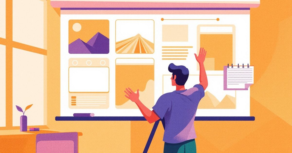 Illustration éditoriale : un tableau de présentation où s'agencent des slides, un plan et une note d'orateur, métaphore de la structuration d'une présentation avec l'IA.