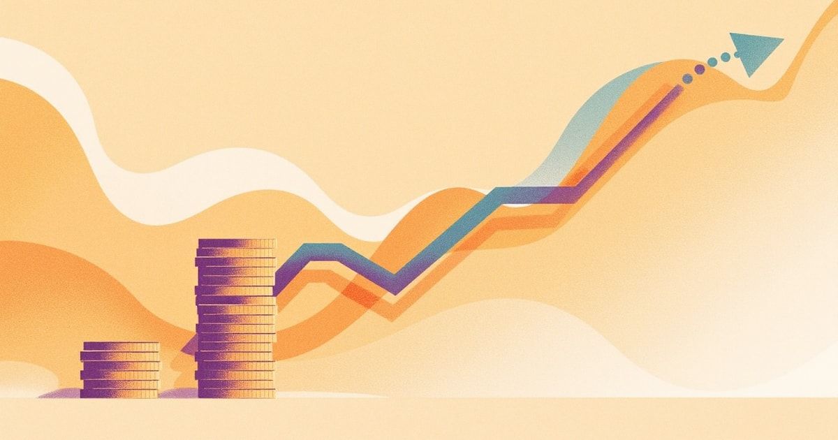 Une courbe ascendante prolongée en flèche pointillée au-dessus de piles de pièces : prévisionnel de trésorerie.