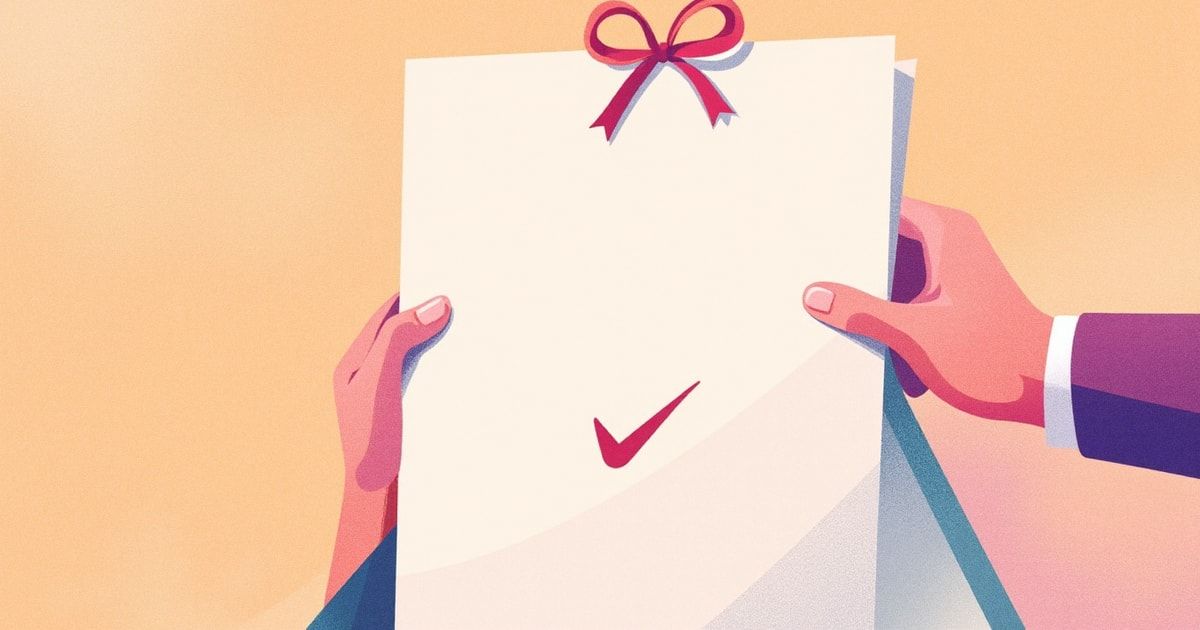 Illustration éditoriale : un document de proposition vierge orné d'un ruban et d'une coche, métaphore d'une proposition commerciale claire et convaincante rédigée avec l'IA.