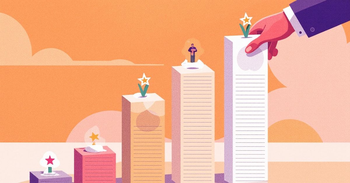 Illustration éditoriale : des fiches de contacts triées sur des podiums, certaines marquées d'étoiles et de coches, métaphore de la qualification d'une liste de prospects avec l'IA.