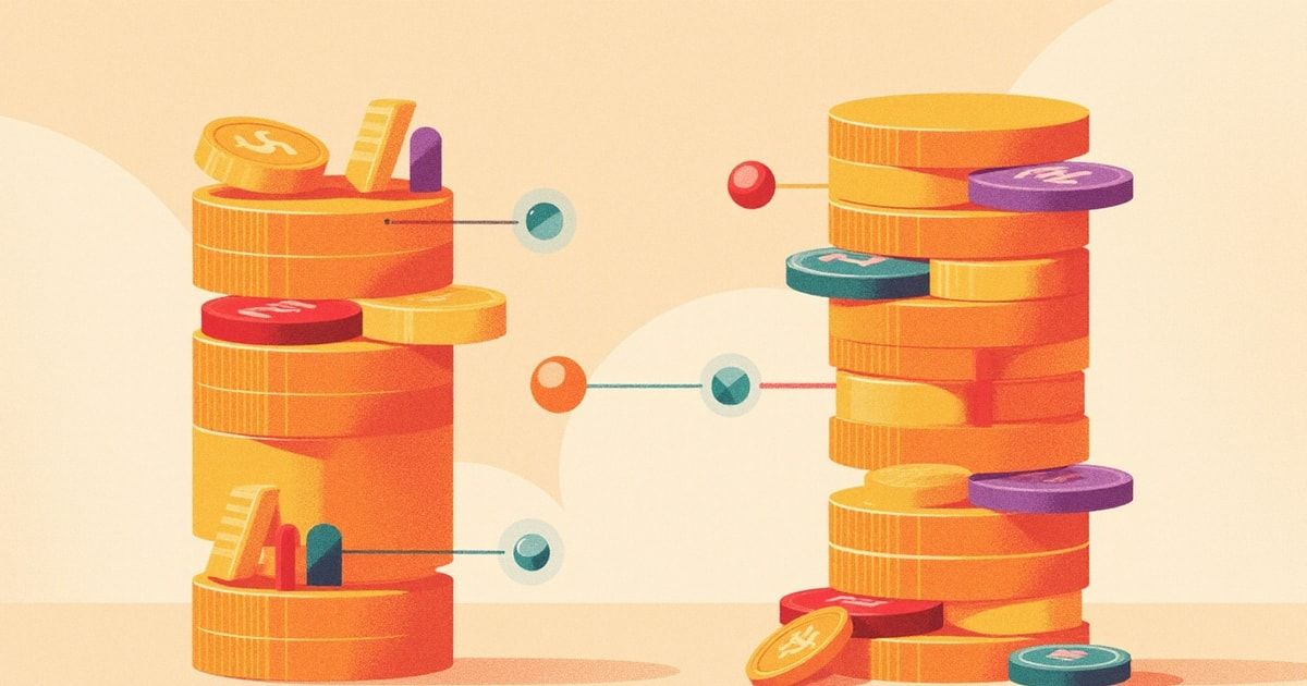 Illustration éditoriale : deux piles de pièces appariées par des liens lumineux et des coches, métaphore du rapprochement bancaire automatisé avec l'IA.
