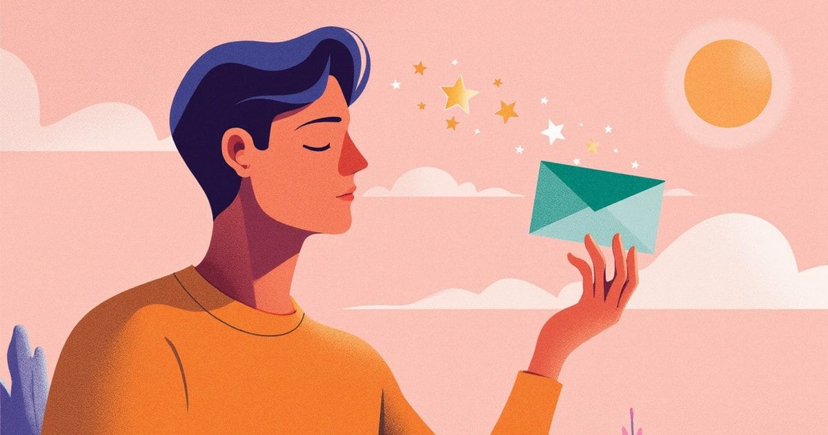 Illustration éditoriale : un client aux yeux fermés se réveille tandis qu'une enveloppe et des étoiles s'élèvent, métaphore de la relance d'un prospect ou de la réactivation d'un client dormant avec l'IA.