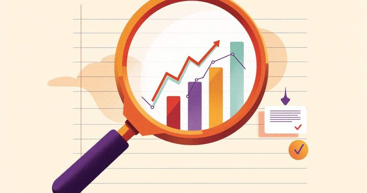Illustration éditoriale : une loupe sur un histogramme ascendant avec courbe et carte de commentaire validée, métaphore de l'analyse d'un bilan client transformée en reporting commenté avec l'IA.