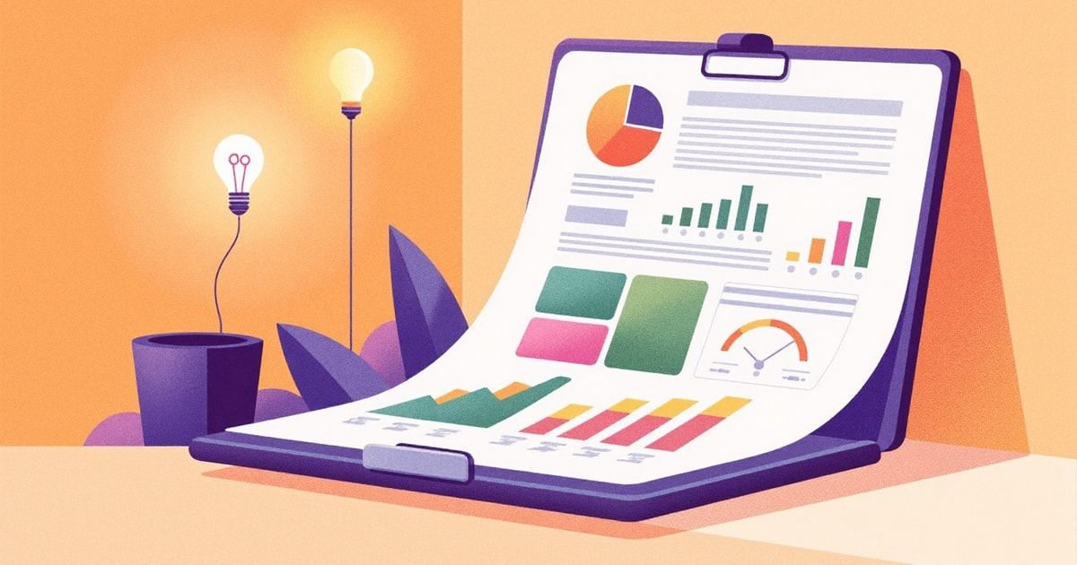 Illustration éditoriale : un presse-papier de graphiques éclairé par des ampoules-opportunités, métaphore de la revue de compte client et de la détection d'opportunités avec l'IA.