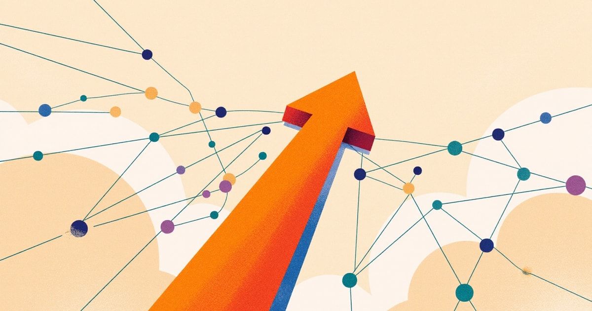 Réseau de connexions et flèche ascendante orange, stratégie de contenu LinkedIn avec l'IA