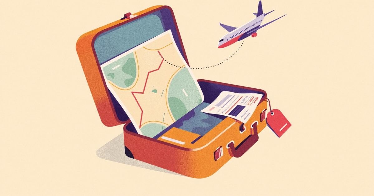 Illustration éditoriale : une valise ouverte avec une carte, un avion suivant un trajet et une carte d'embarquement, métaphore de la préparation d'un voyage d'affaires complet avec l'IA.